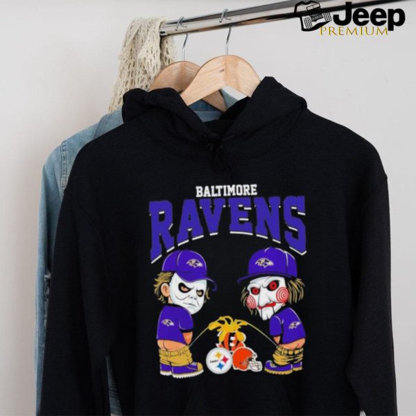 Michael Myers And Billy The Puppet X Baltimore Ravens Pee On NFL Teams Halloween Shirt