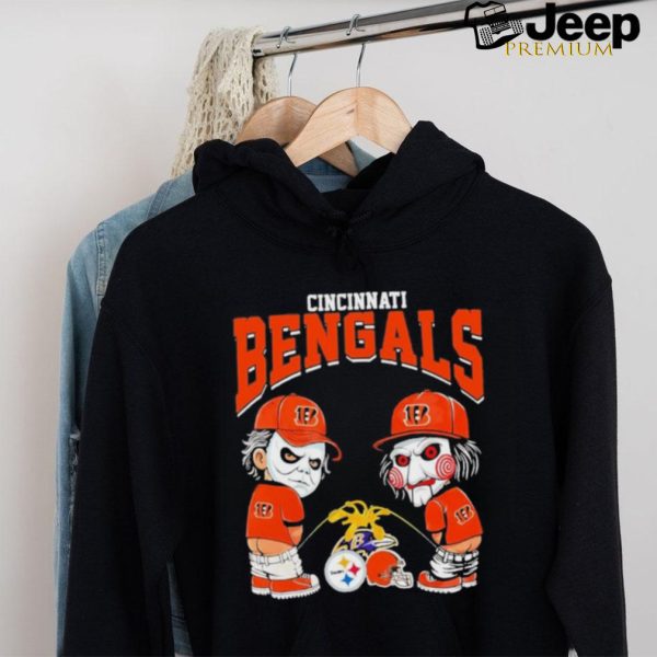 Michael Myers And Billy The Puppet X Cincinnati Bengals Pee On NFL Teams Halloween Shirt