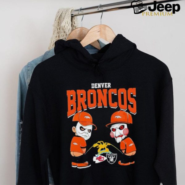 Michael Myers And Billy The Puppet X Denver Broncos Pee On NFL Teams Halloween Shirt