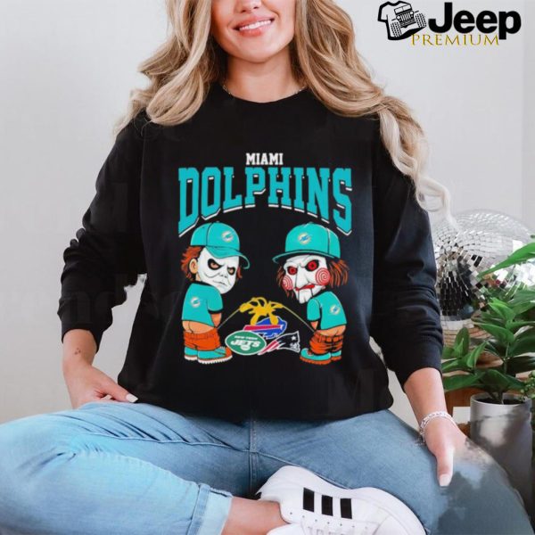 Michael Myers And Billy The Puppet X Miami Dolphins Pee On NFL Teams Halloween Shirt