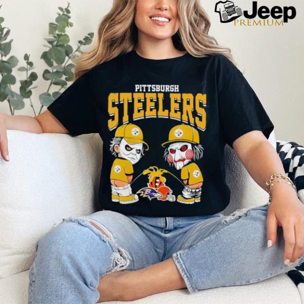 Michael Myers And Billy The Puppet X Pittsburgh Steelers Pee On NFL Teams Halloween Shirt