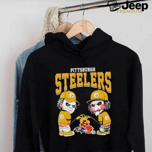 Michael Myers And Billy The Puppet X Pittsburgh Steelers Pee On NFL Teams Halloween Shirt