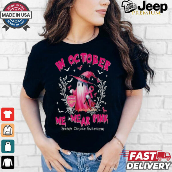 Official EPL Arsenal In October We Wear Pink Ghost Witch Breast Cancer Awareness T Shirt