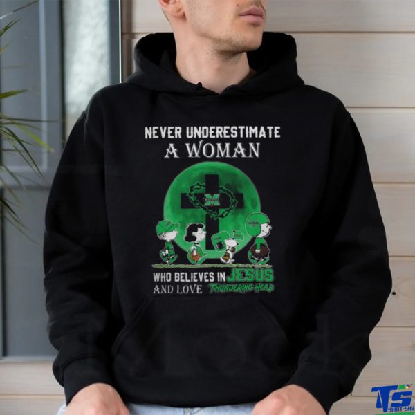 Peanuts Characters Never Underestimate A Woman Who Believes In Jesus And Loves Marshall Thundering Herd Shirt