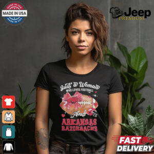 Just A Woman Who Loves Football And Arkansas Razorbacks Helmet Shirt