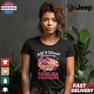 Just A Woman Who Loves Football And South Carolina Gamecocks Helmet Shirt