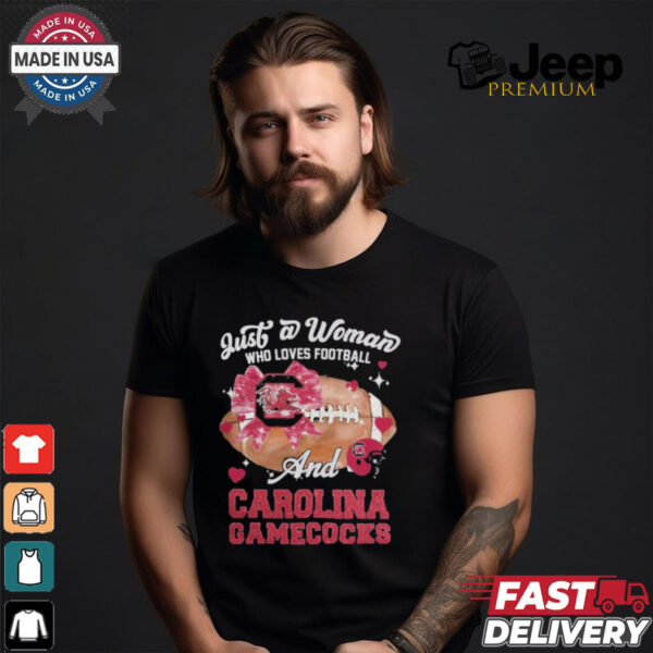 Just A Woman Who Loves Football And South Carolina Gamecocks Helmet Shirt