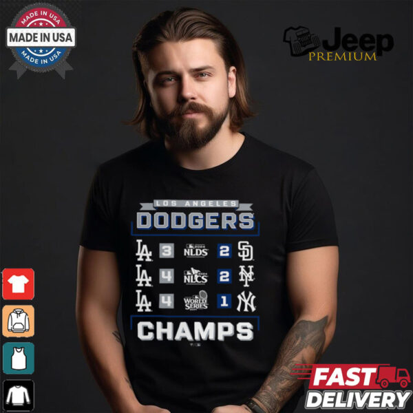 Los Angeles Dodgers Fanatics Black 2024 World Series Champions Schedule T Shirt