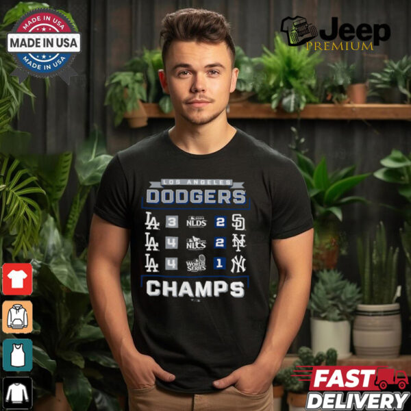 Los Angeles Dodgers Fanatics Black 2024 World Series Champions Schedule T Shirt