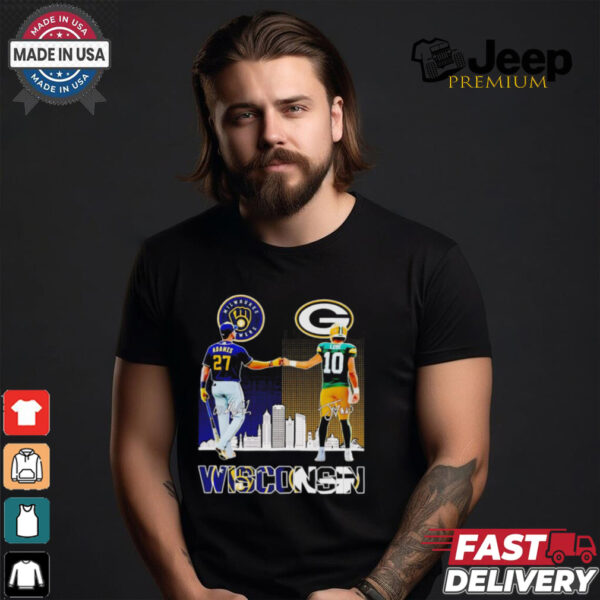 Milwaukee Brewers Adames and Green Bay Packers Love Wisconsin city skyline shirt