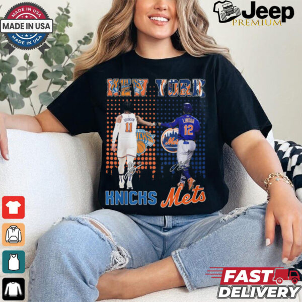 New York Knicks Jalen Brunson x New York Mets Francisco Lindor city skyline signatures shirt