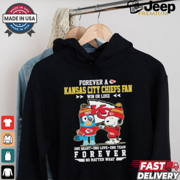 Official Snoopy And Bluey Forever A Kansas City Chiefs Fan Win Or Lose One Heart One Love One Team Shirt