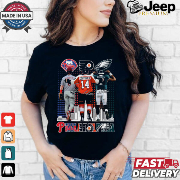 Original Philadelphia Phillies, Flyers, And Eagles Sean Couturier, Bryce Harper, Jalen Hurts Signatures 2024 T shirt