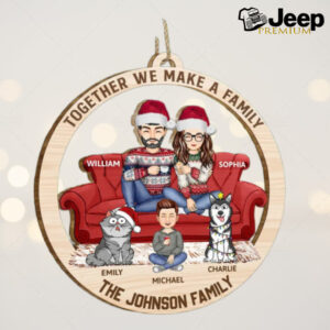 Cartoon Couple With Kids And Pets   Personalized Wooden Cutout Ornament