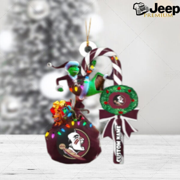 Florida State Seminoles NCAA Custom Name Grinch Candy Cane Tree Decorations Christmas 2024 Ornament