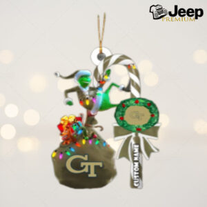 Georgia Tech Yellow Jackets NCAA Custom Name Grinch Candy Cane Tree Decorations Christmas 2024 Ornament