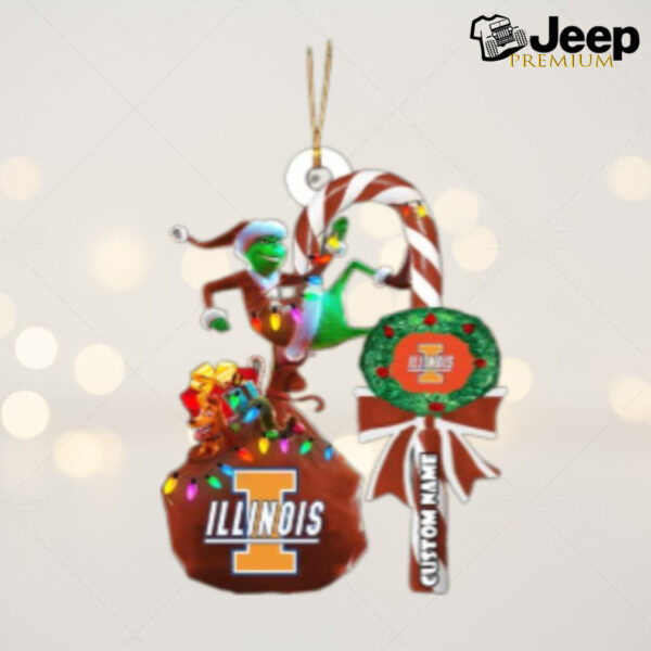 Illinois Fighting Illini NCAA Custom Name Grinch Candy Cane Tree Decorations Christmas 2024 Ornament