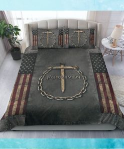 Cross Forgiven American Flag Bedding Set Vintage Old Retro Patriotic Gift For Christian