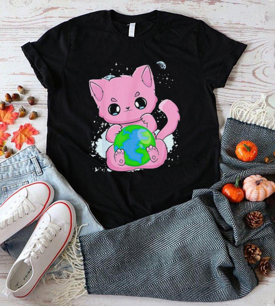 Black Cat Earth Day Globe Anime Neko Kitten T Shirt