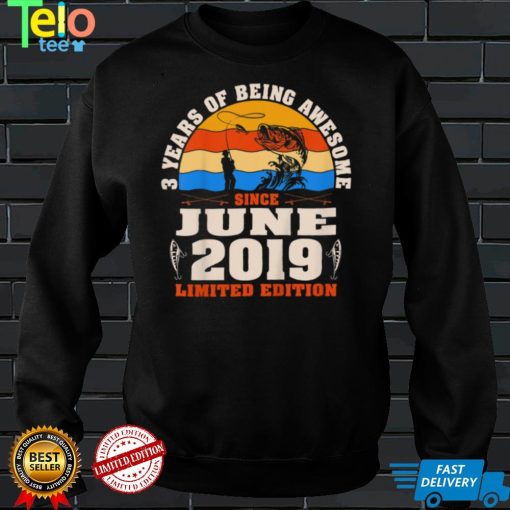 Kids Vintage June 2019 3 Year Old Fishing Lovers 3rd Birthday T Shirt