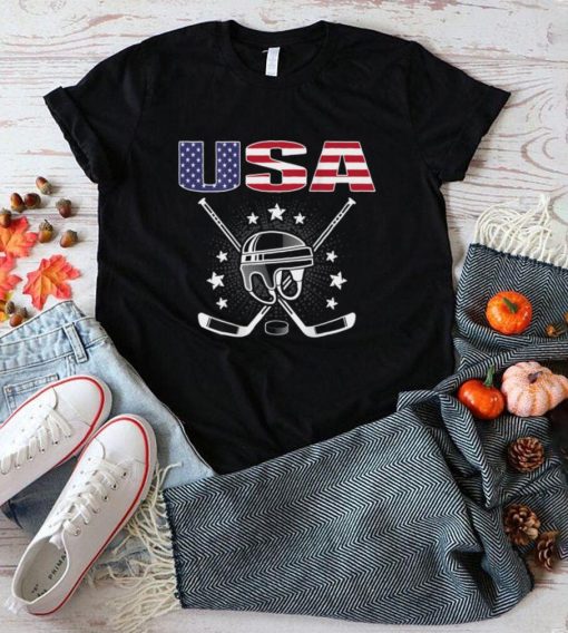 America Ice Hockey Fans Jersey USA Flag Puck Hockey Sticks T Shirt