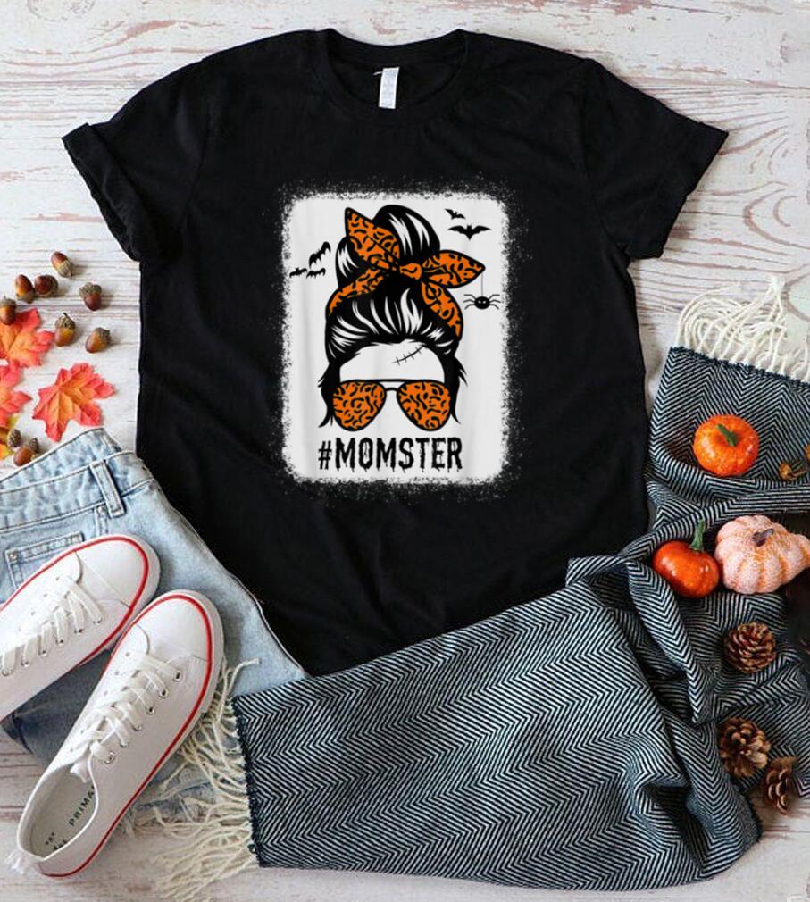 Mom Messy Bun Halloween Leopard Womens Momster Spooky T Shirt