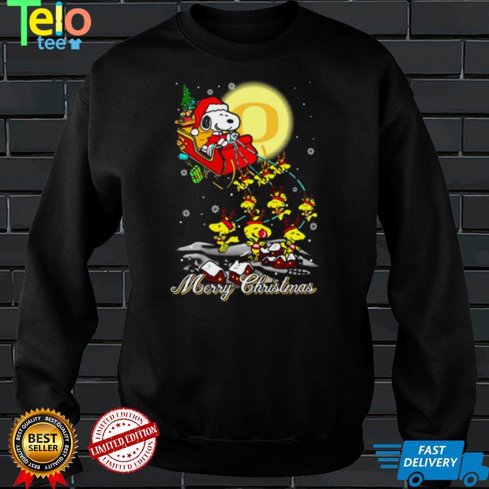 Oregon Ducks Ugly Christmas Sweaters Santa Claus With Sleigh And Snoopy Oregon Ducks T Shirt