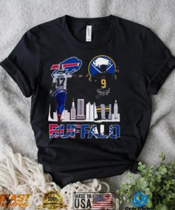 Buffalo city skyline, Josh Allen Bills and Jack Eichel Sabers signatures 2022 shirt