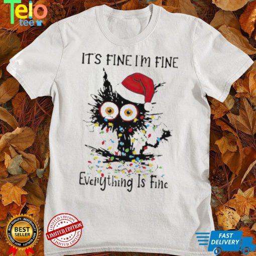Santa Black Cat light It’s fine I’m fine everything is fine Merry Christmas shirt