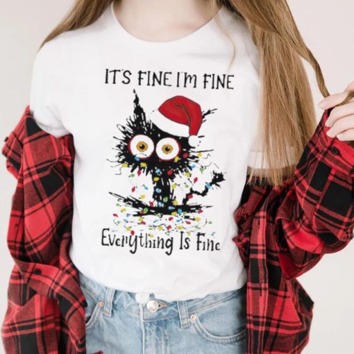 Santa Black Cat light It’s fine I’m fine everything is fine Merry Christmas shirt