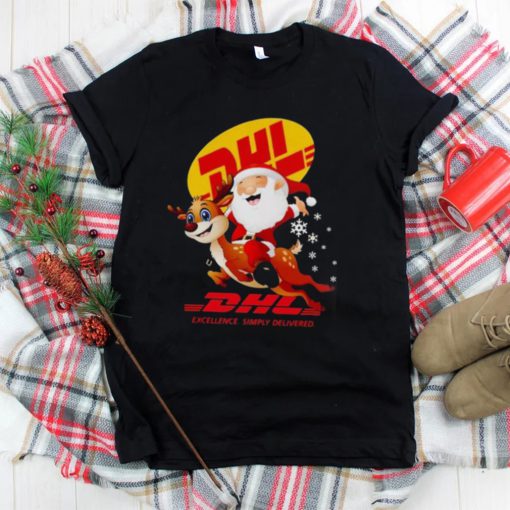Santa Claus Riding Reindeer Dhl Excellence Simply Delivered Christmas Shirt