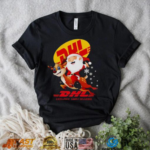 Santa Claus Riding Reindeer Dhl Excellence Simply Delivered Christmas Shirt